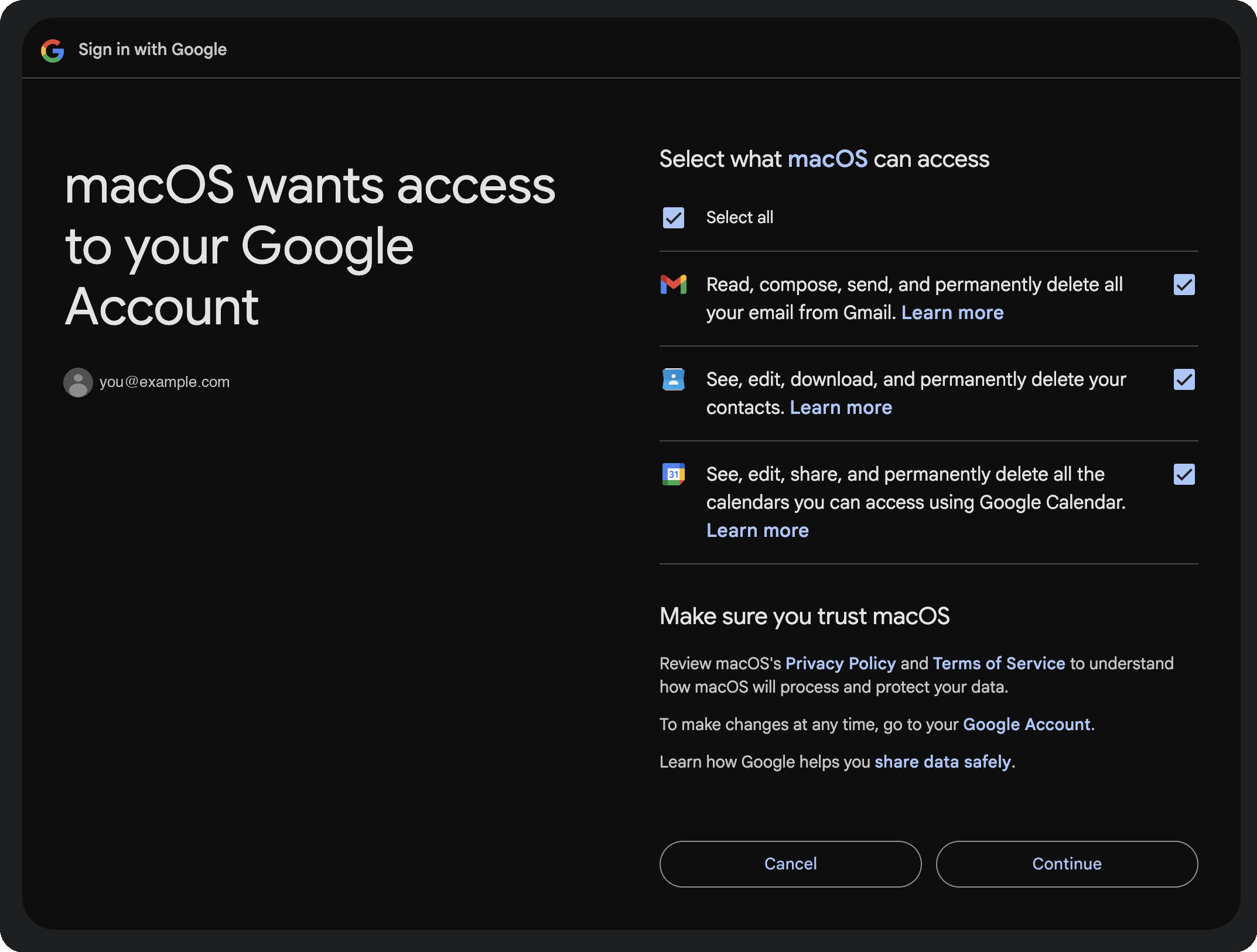 Google permissions screen showing Mail, Contacts, and Calendars access for macOS